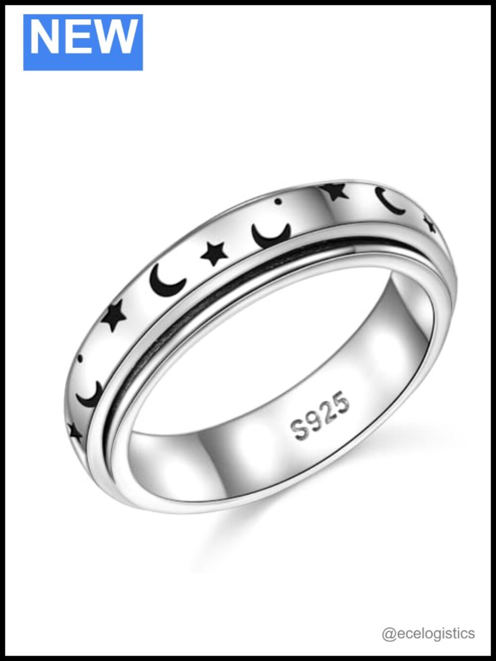 S925 Sterling Silver Moon Star Spinner Fidget Ring Anxiety Relief